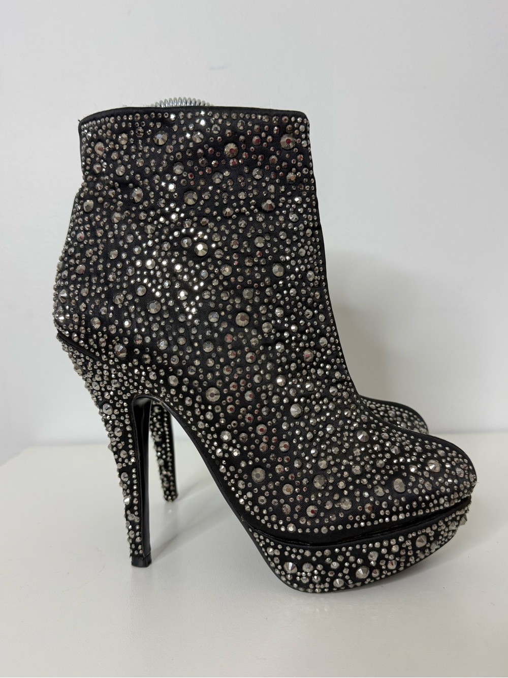Helen's Heart Black Faceted All Over Sparkle Platform Stiletto Heel Bootie Sz 37